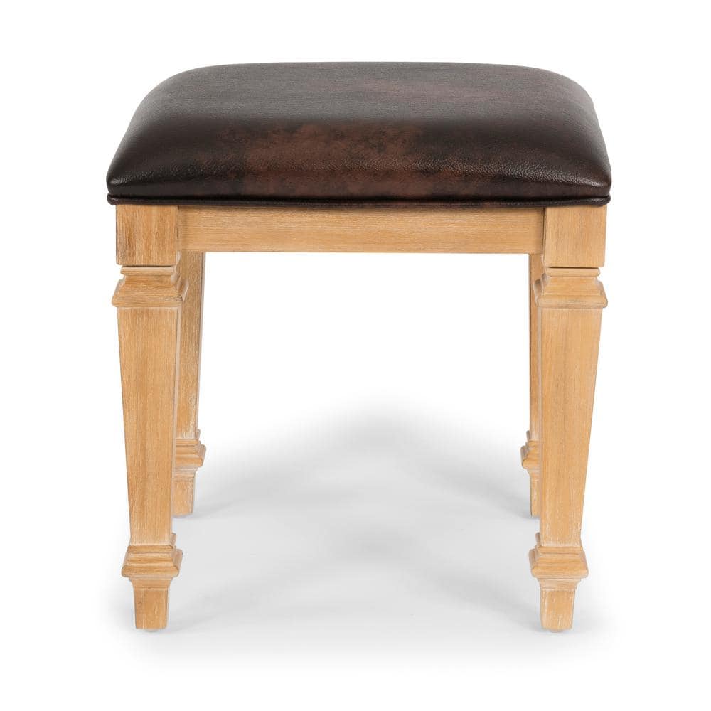 Manor House White Oak Vanity Bench with Brown Leather Upholstery