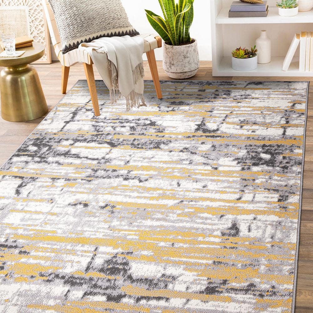 Yellow and Gray Abstract 8' x 10' Synthetic Area Rug