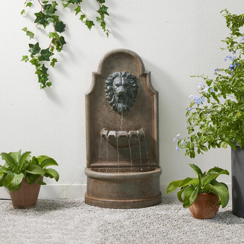 Oversized Faux Granite Lion Head Polyresin Outdoor Fountain with LED Light