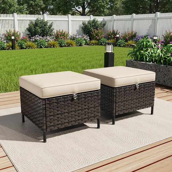Brown Wicker Outdoor Patio Ottoman with Beige Cushions (Set of 2)
