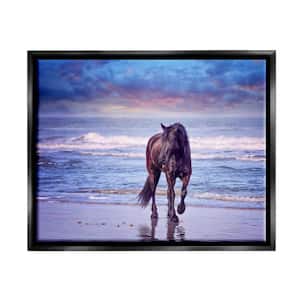 Wild Horse on Beach Colorful Blue Sunset by PHBurchett Floater Frame Animal Wall Art Print 25 in. x 31 in.
