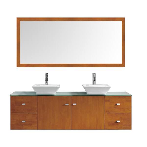Virtu USA Clarissa 72 in. W Bath Vanity in Honey Oak with Glass Vanity Top in Aqua with Square Basin and Mirror