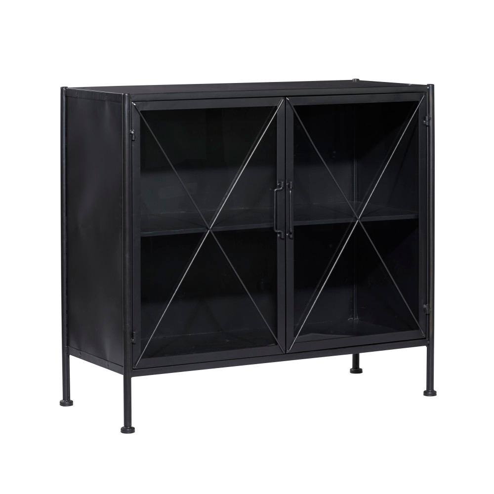 Black Metal Geometric Cabinet with Glass Panels