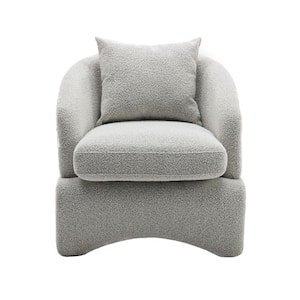Modern Light Gray Armchair Upholstered Teddy Fabric Accent with Wood Base and Pillow