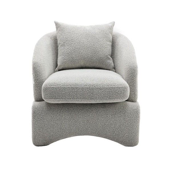 HOMEFUN Modern Light Gray Armchair Upholstered Teddy Fabric Accent with Wood Base and Pillow