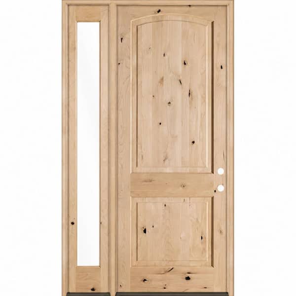 46 in. x 96 in. Knotty Alder 2-Panel Arch-Top Left-Hand/Inswing Clear Glass Unfinished Wood Prehung Front Door w/ LFSL