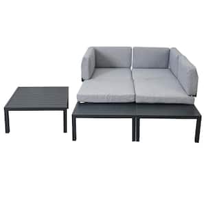 3-Piece Aluminum Outdoor Sectional Sofa Set Conversation Set with End Table & Gray Cushion
