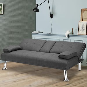 66 in. Gray Linen Convertible Twin Sleeper Sofa Bed with 2-Cup Holders