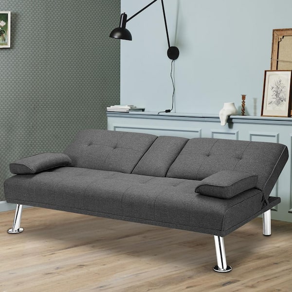 66 in. Gray Linen Convertible Twin Sleeper Sofa Bed with 2-Cup Holders