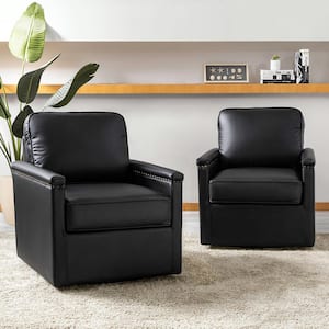 Angel Black 29 in. Wide Genuine Leather Swivel Arm Chair with Nailhead Trims and Metal Base (Set of 2)