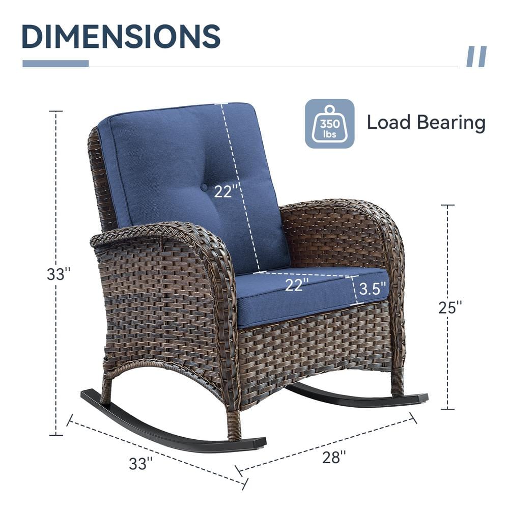 Brown Steel Wicker Rocking Chair with Blue Cushions