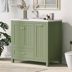 36 in. W Single Sink Bath Vanity in Green with White Ceramic Top, 2 Doors and 1 Big Drawer and 1 Tilt-Out Drawer