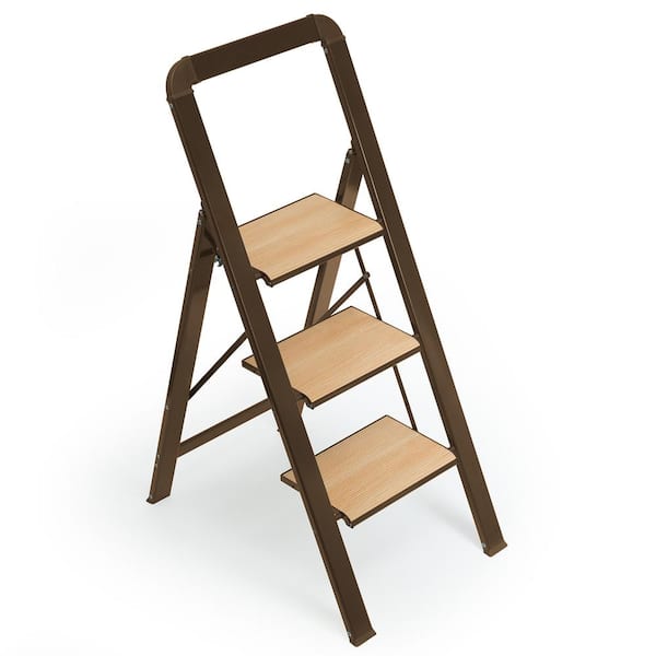 3-Step Reach Aluminium Foldable Step Stool with Wide Anti-Slip Pedals, 580 lbs. Capacity, Brown