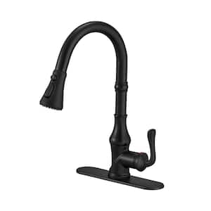 Single-Handle Deck Mount Gooseneck Pull Down Sprayer Kitchen Faucet with Deckplate Included in Matte Black