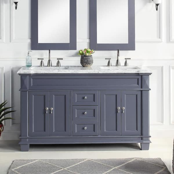 HOMEVY STUDIO Dorian 60 in. W x 22 in. D x 35.63 in. H Double Sink Freestanding Bath Vanity in Charcoal Gray with Carrara Marble Top