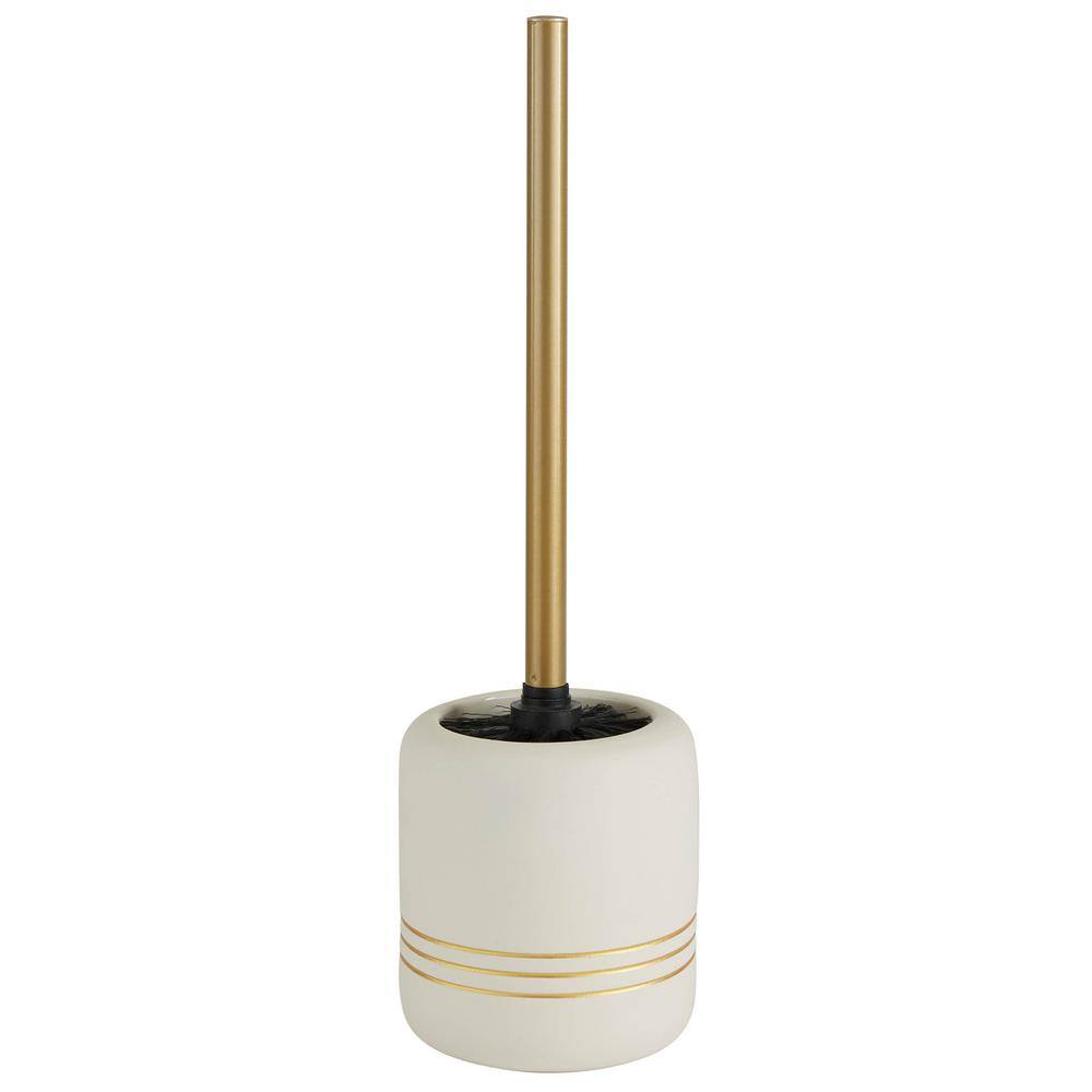 White and Gold Ceramic Toilet Brush Holder with Stainless Steel Handle
