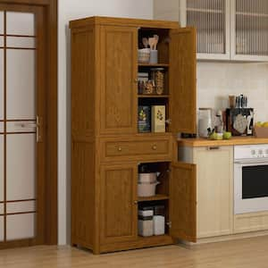 Distressed Light Brown Wood 30 in. Pantry Cabinet with 4 Doors, Drawer and Farmhouse Style