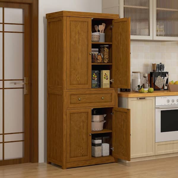 HOMCOM Distressed Light Brown Wood 30 in. Pantry Cabinet with 4 Doors, Drawer and Farmhouse Style
