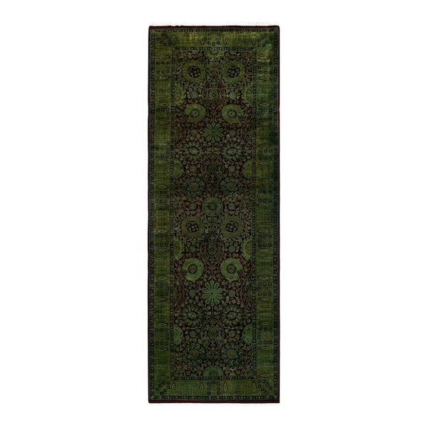 Fine Vibrance Green, 3 ft. 1 in. x 8 ft. 10 in. One-of-a-Kind Hand-Knotted Area Rug -