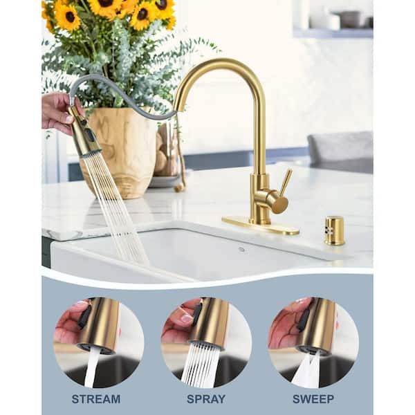 Stainless Steel Single Handle Pull Down Sprayer Kitchen Faucet with Air Gap Kits 2 or 4 Hole in Gold