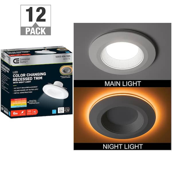 Commercial Electric 6 in. Adjustable CCT Integrated LED Recessed Light Trim with Night Light 670 Lumens Dimmable Kitchen Bathroom (12-Pack)