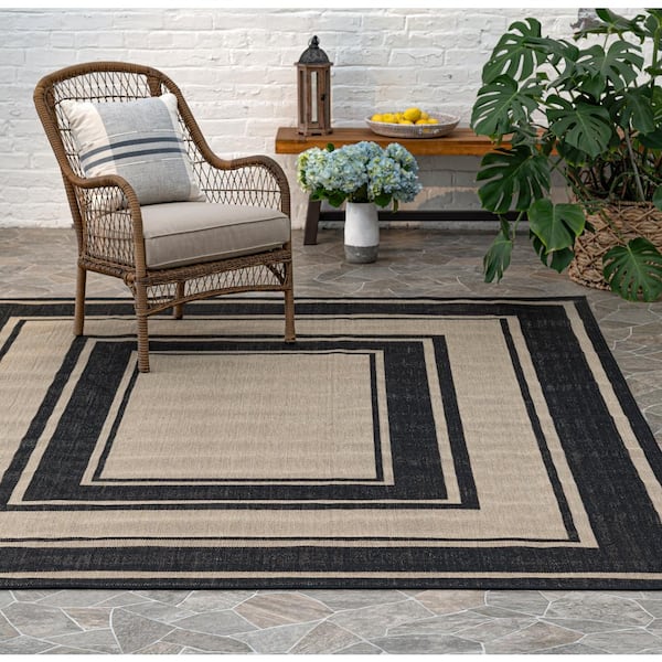 Black Border Beige/Black 8 ft. x 10 ft. Indoor/Outdoor Area Rug
