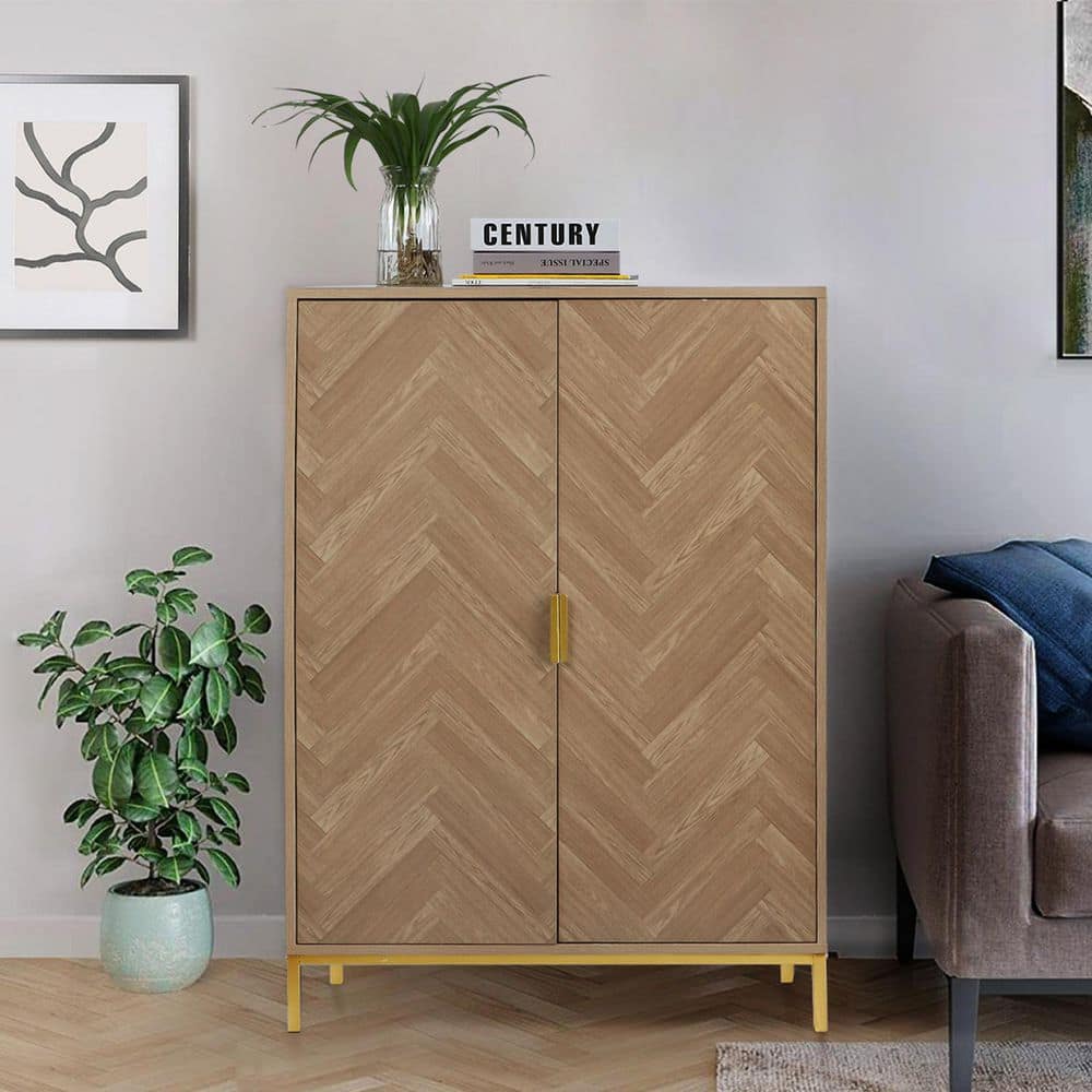 Natural Oak Herringbone Pattern 2-Door Accent Cabinet with Gold Base