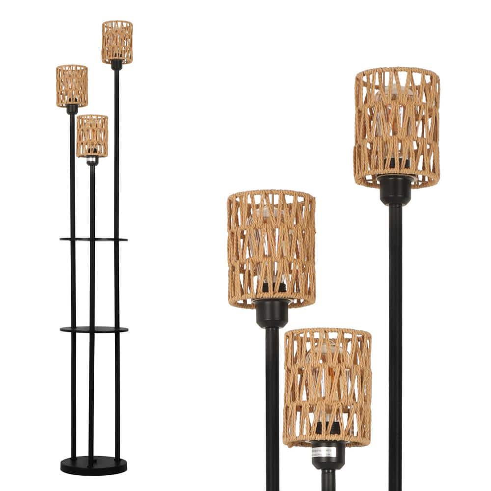 69 in. 3-Light Black Boho Modern Rope Standard Floor Lamp with Foot Switch and Rattan Shade for Living Room Bedroom price history on PriceWatchPro