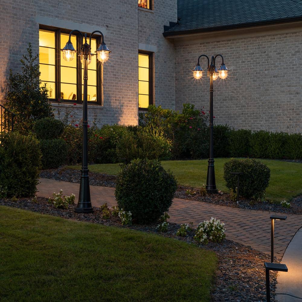 Orion Triple-Head Solar Lamp Post in Black Resin with LED, Dusk to Dawn