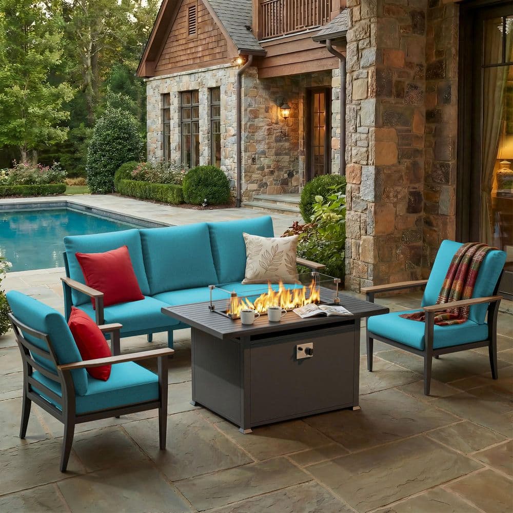 4-Piece Aluminum Patio Conversation Set with 55000 BTU Propane Fire Pit Table 3-Seat Sofa, 2 Chairs, Turquoise Cushions price history on PriceWatchPro