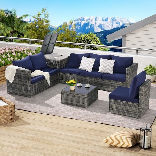 6-Pieces Metal Outdoor Woven Sectional L-Shaped Patio Conversation Set with Dark Blue Cushion
