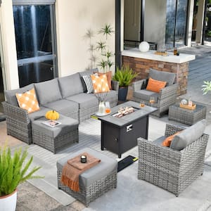 Eufaula Gray 10-Piece Wicker Modern Outdoor Patio Conversation Sofa Set with a Steel Fire Pit and Dark Gray Cushions