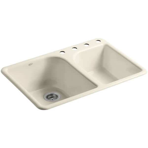 KOHLER Executive Chef Drop-In Cast-Iron 33 in. 4-Hole Double Bowl Kitchen Sink in Cane Sugar