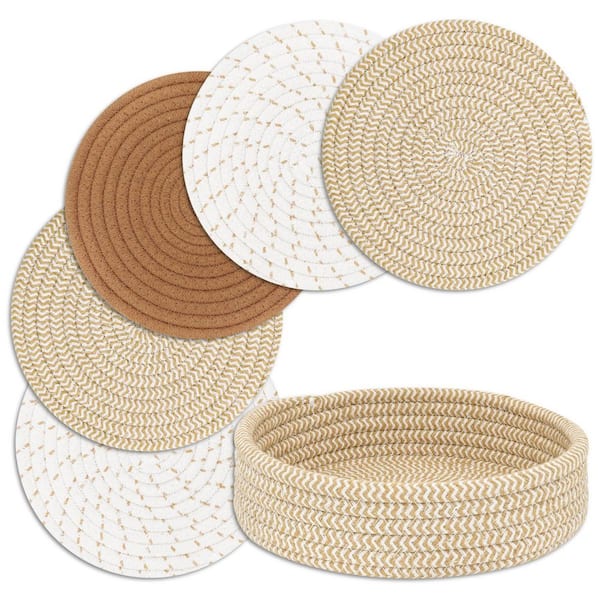 5 Pieces Mix Brown Trivets w/ Storage Basket, Pot Holder for Kitchen, Heat Resistant Mat Protect Counter Home Essentials