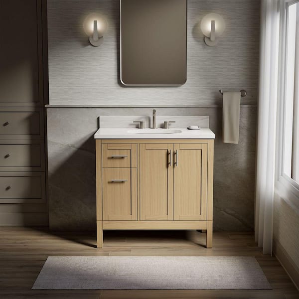 Hadron 37 in. Single Sink Freestanding Light Oak Bath Vanity with White Quartz Top Assembled
