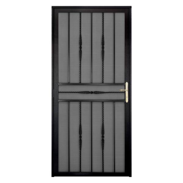 Unique Home Designs 36 in. x 80 in. Cottage Rose Black Recessed Mount Steel Security Door with Expanded Metal Screen and Brass Hardware