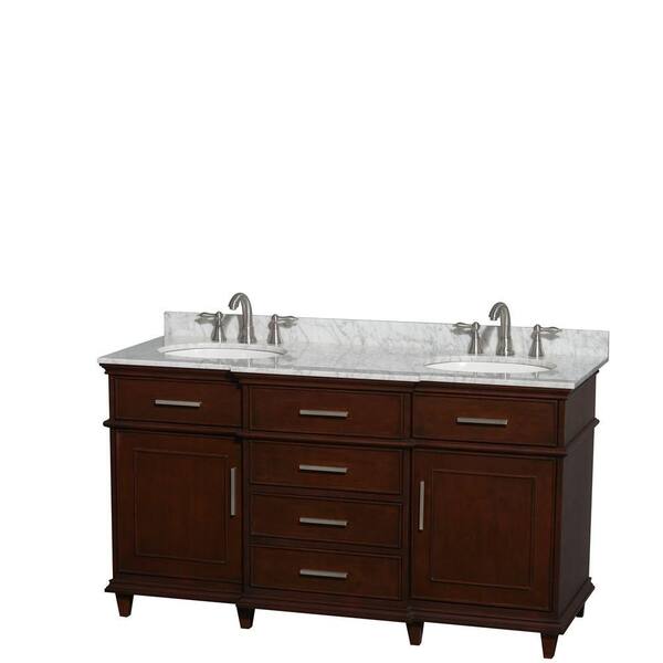 Wyndham Collection Berkeley 60 in. Double Vanity in Dark Chestnut with Marble Vanity Top in Carrara White and Oval Basin