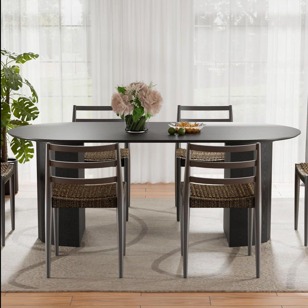 Oval Black Wooden Solid Wood 79 in. Double Pedestal Base Dining Table ...