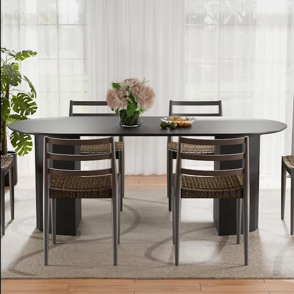 Oval Black Wooden Solid Wood 79 in. Double Pedestal Base Dining Table ...