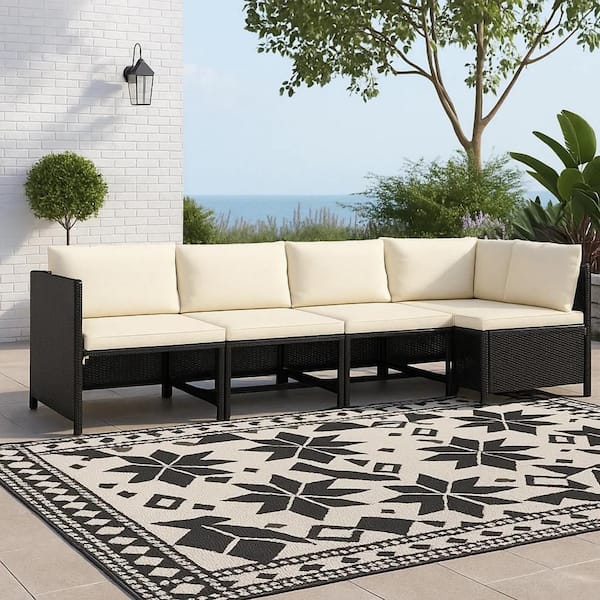 Benjara 4-Piece Black Wicker Rattan Outdoor Modular Sectional Sofa with Ivory Cushion