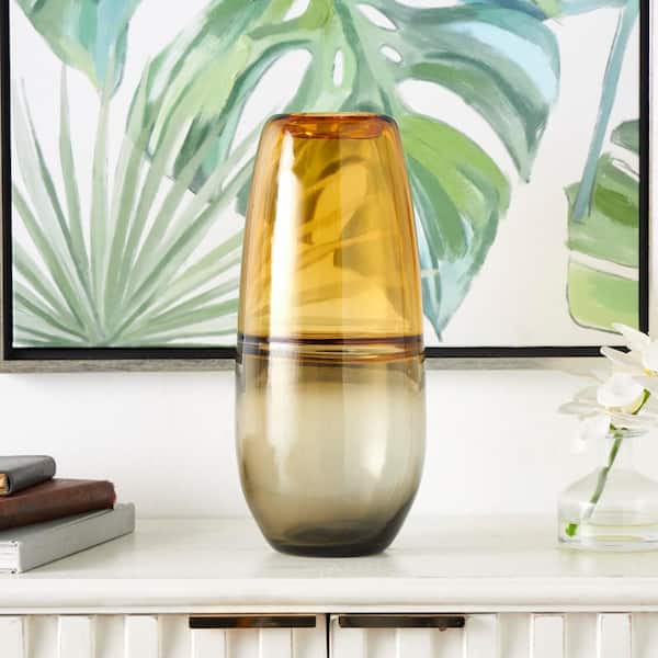 Litton Lane 14 in. Orange Handmade Ombre Glass Decorative Vase with Gray Base