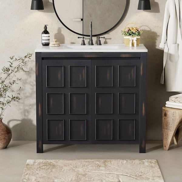 FAMYYT 36 in. W Single Sink Solid Wood Frame Freestanding Bath Vanity in Espresso with White Ceramic Top and Adjustable Shelf