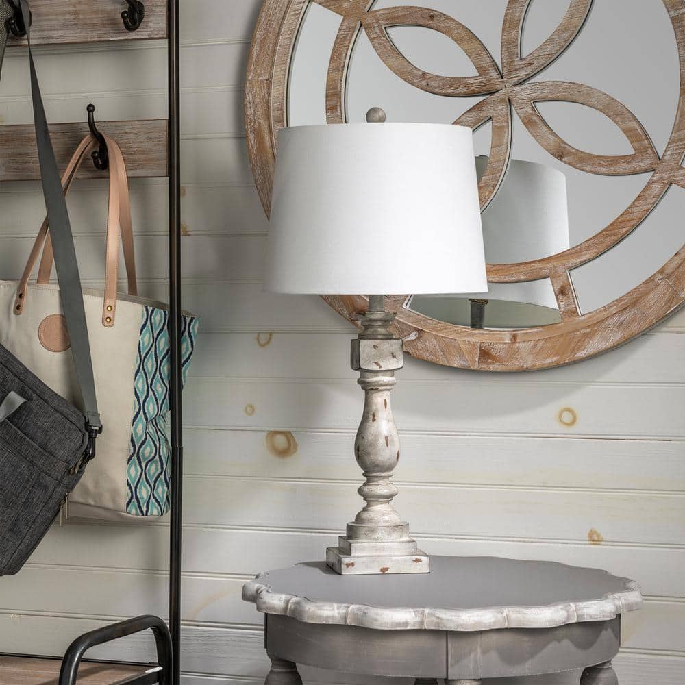 Gray Distressed Resin Table Lamp with White Shade