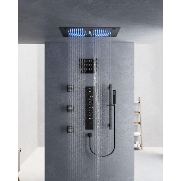 YAWWALK 6-Spray 28x16 in. Ceiling Mount LED Mood Lighting Music Dual Shower Head and Handheld Shower Head in Matte Black
