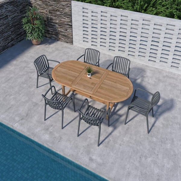 Nagata 7-Piece Solid Teak Wood 100% FSC Oval Patio Dining Set Grey