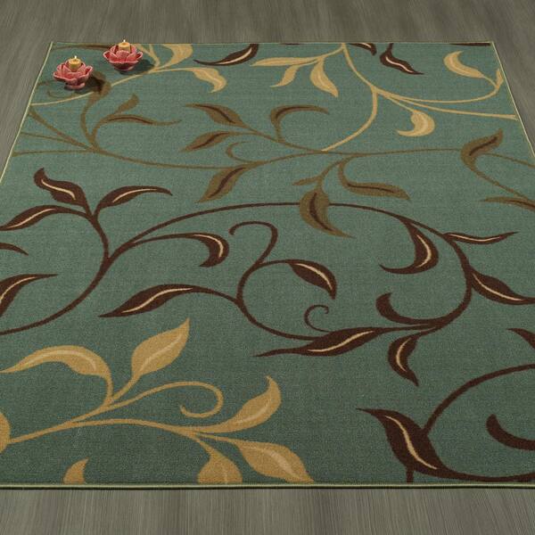 Runner Rug Area Seafoam 3 ft x 10 ft Leaves Design Antimicrobial Rubber Backing 