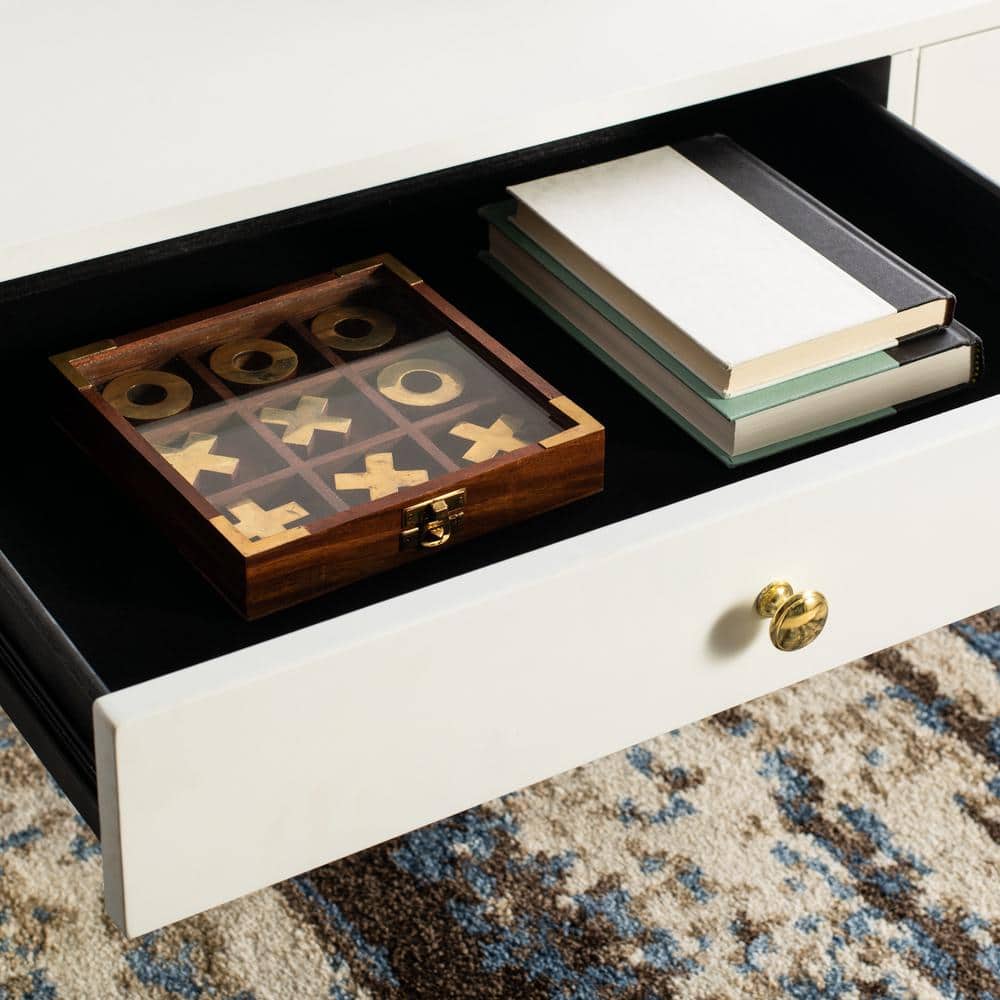 Transitional Gold & White Rectangular Coffee Table with Storage