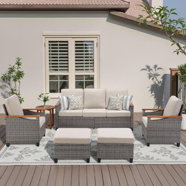 Buenaola Caladin 6-Piece Wood and Wicker Patio Conversation Set, Outdoor 5-Person Seating Group Sofa Set With Beige Cushions
