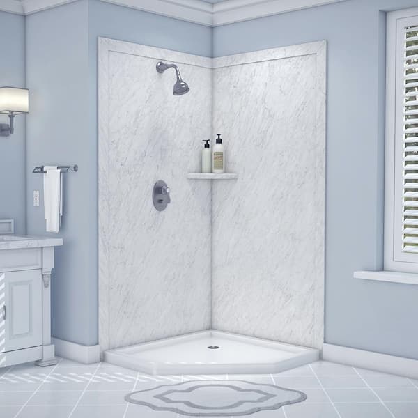 FlexStone Splendor 40 in. x 40 in. x 80 in. 7-Piece Easy Up Adhesive Corner Shower Wall Surround in Frost