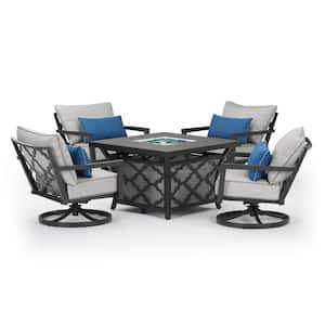 Venetia 5-Piece Aluminum Patio Fire Pit Seating Set with Sunbrella Gray Cushions and Motion Club Chairs